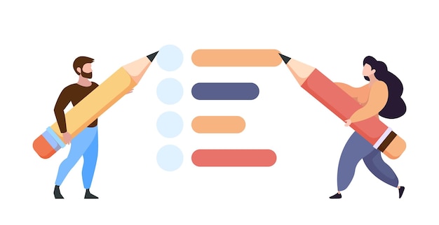Revise la lista de verificación o encuesta Hombre mujer sostenga lápiz Para hacer una lista de tareas comerciales de trabajo Concepto de vector de examen de votación en línea