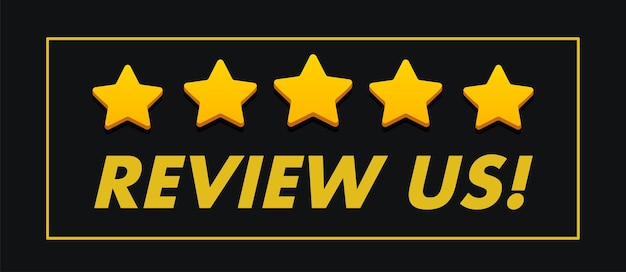 Revísenos banner con estrellas doradas Concepto de comentario del cliente experiencia del consumidor Revisión del producto Soporte comercial Su opinión importa símbolo Anunciar oferta de promoción Vector 10 pasos