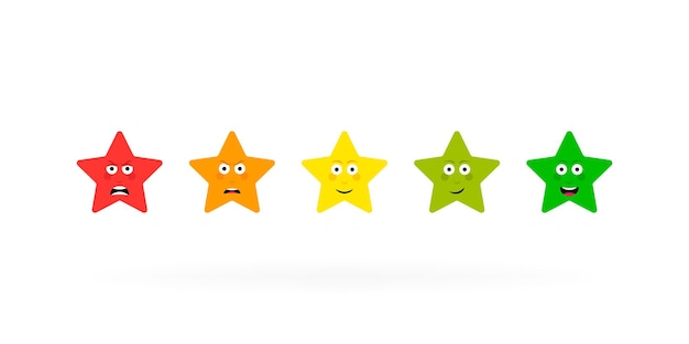 Revisión de calificación de emoción de cinco estrellas Escala de retroalimentación Enojado, triste, neutral, satisfecho y feliz, conjunto de emoticonos Ilustración vectorial
