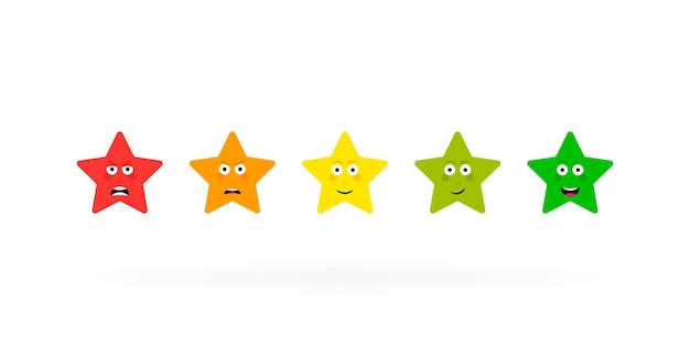 Vector revisión de calificación de emoción de cinco estrellas escala de retroalimentación enojado, triste, neutral, satisfecho y feliz, conjunto de emoticonos ilustración vectorial