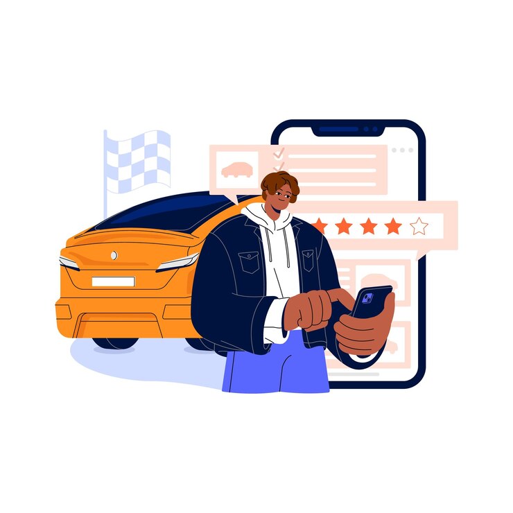 Vector revisión del cliente en la aplicación de servicio de compartición de automóviles tasa de retroalimentación del consumidor experiencia de conducción en el intercambio de automóviles en el teléfono inteligente estrellas en el informe clasificación del viaje en taxi ilustración de vector aislado plano en blanco