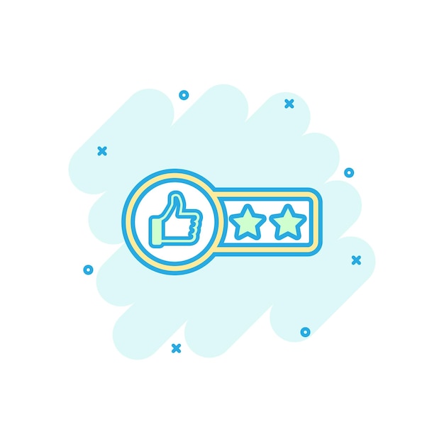 Revisión de clientes de dibujos animados vectoriales Icono de 2 estrellas en estilo cómico Pulgar hacia arriba con estrellas señal de calificación Ilustración pictograma Revisión de concepto de efecto de salpicaduras de negocios