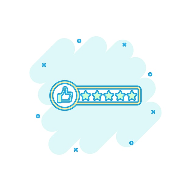 Revisión de clientes de dibujos animados vectoriales Icono de 5 estrellas en estilo cómico Pulgar hacia arriba con estrellas señal de calificación Ilustración pictograma Revisión de concepto de efecto de salpicaduras de negocios