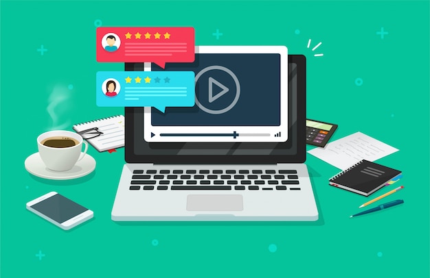 Revisión del contenido del seminario web de video comentarios testimonios comentarios en línea en una computadora portátil o PC tasa de reputación chat evaluación escritorio plano