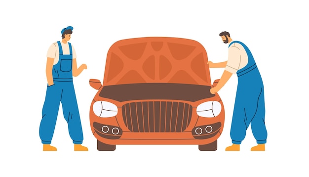 Revisión mecánica y reparación de automóviles en el servicio de reparación de automóviles. Trabajadores y automóviles con capucha. Reparador en vehículos de fijación de monos. Ilustración de vector plano coloreado aislado sobre fondo blanco.