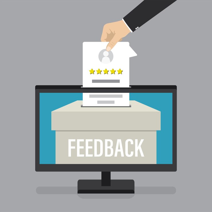 Vector revisión positiva en línea cuadro de retroalimentación en la calificación del cliente del monitor formulario de testimonio de la mano