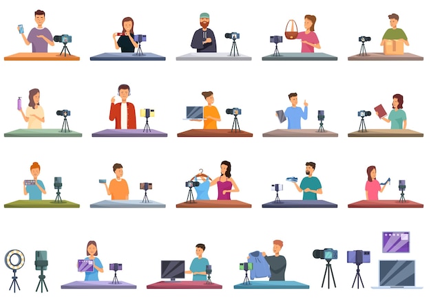 Revisión de productos Blogger iconos conjunto de dibujos animados vector contenido de Internet vlog Creador de grabación de cámara