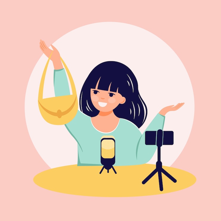 Vector revisión de productos de blogger que comparte contenido multimedia en las redes sociales de internet