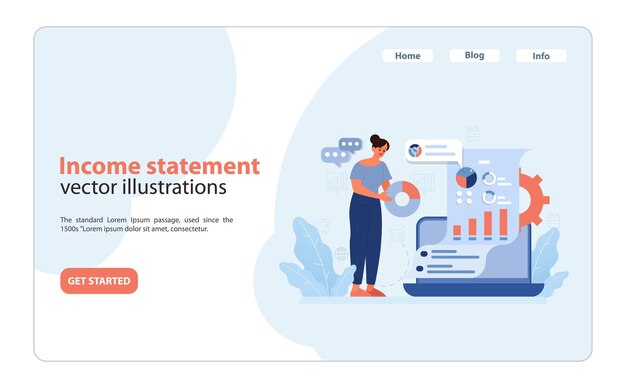 Vector revisión profesional de una declaración de ingresos mujer que se involucra con gráficos dinámicos gráficos de pastel ideas y