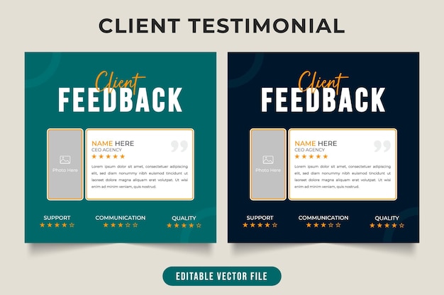 Vector revisión del trabajo del cliente y diseño de testimonios con colores amarillo y gris oscuro comentarios modernos de los clientes