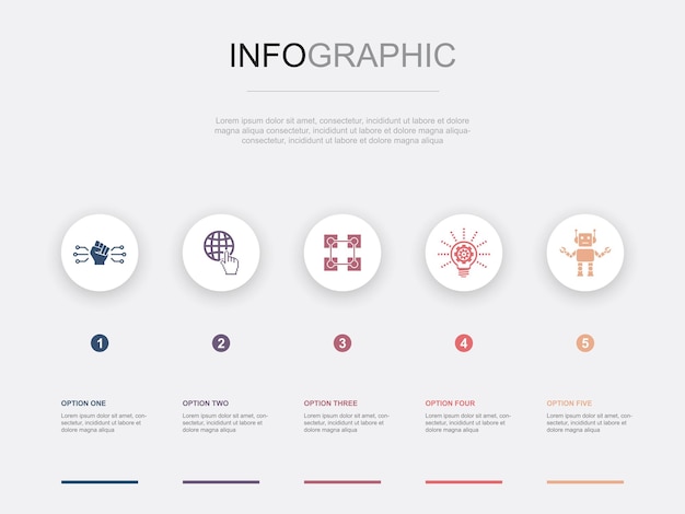 Revolución digital internet blockchain innovación iconos de robótica plantilla de diseño infográfico concepto creativo con 5 pasos