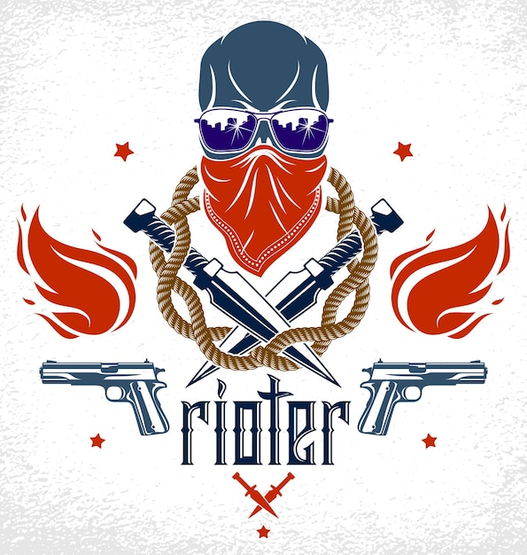 Revolución y disturbios emblema o logotipo agresivo con armas de cráneo agresivas y diferentes elementos de diseño tatuaje vectorial anarquía y caos rebelde partidista y revolucionario
