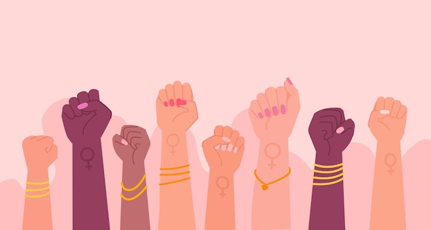 Vector revolución de los puños de las mujeres manifestantes femeninas manos día de los derechos de la mujer americana bandera feminista chica fuerte puño mano poder feminismo símbolo empoderamiento convención ilustración vectorial de la revolución femenina