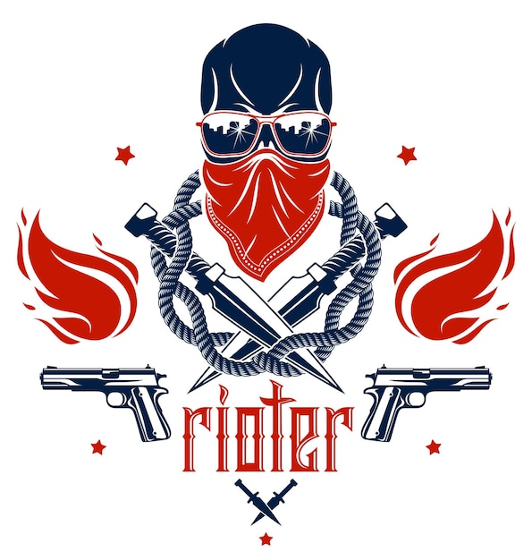 Revolución y Riot malvado emblema o logo con calavera agresiva, armas y diferentes elementos de diseño, tatuaje vectorial, anarquía y caos, rebelde partidista y revolucionario.
