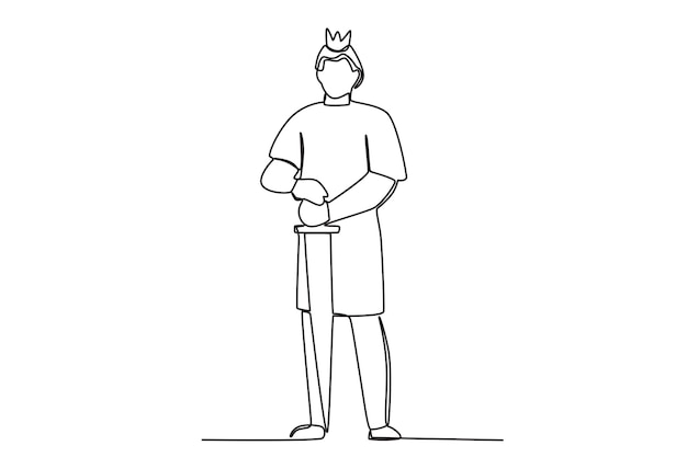Un rey se para con ambas manos sosteniendo una espada Dibujo de una línea del rey