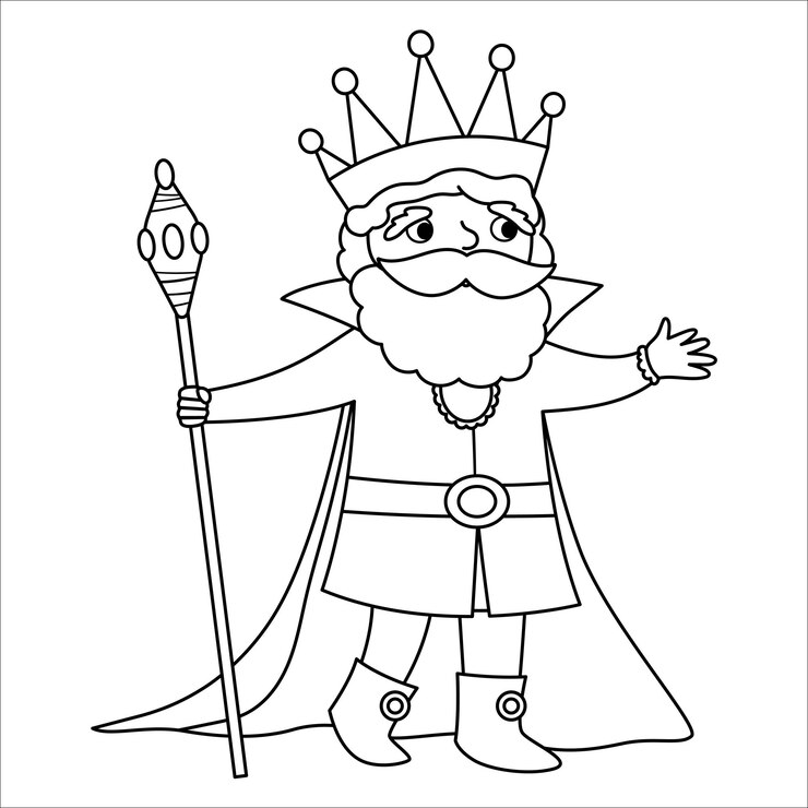 Vector rey blanco y negro de cuento de hadas con cetro monarca de fantasía de línea vectorial en corona y manto personaje de príncipe de cuento de hadas medieval icono de soberano mágico de dibujos animados o página para colorearxa