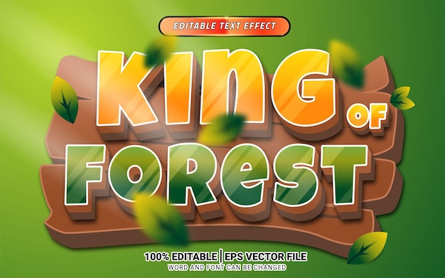 Rey del bosque juego aventura dibujos animados efecto de texto 3d diseño de plantilla editable vector divertido juguetón