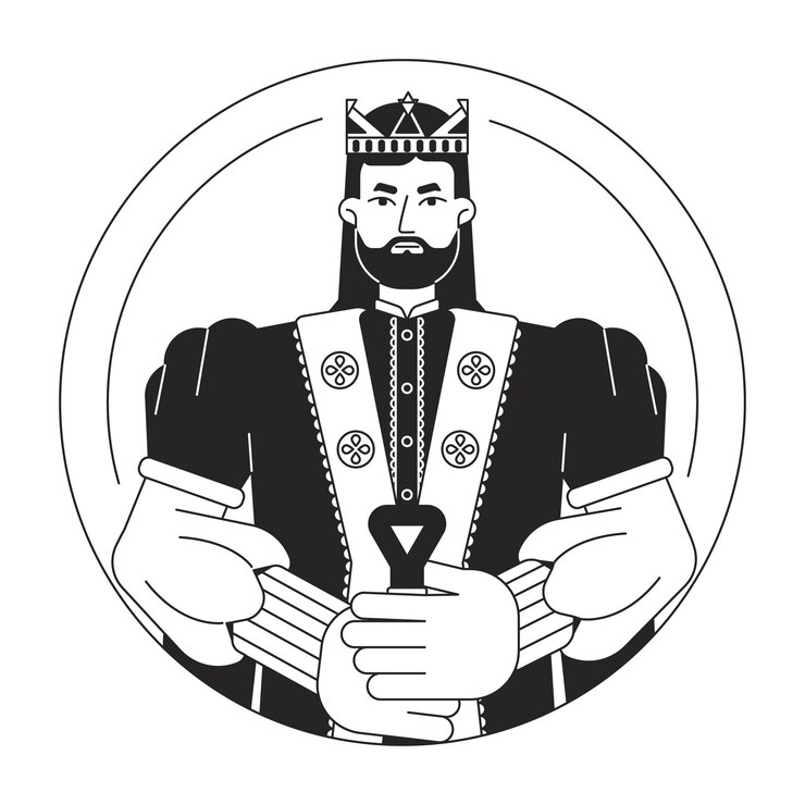 Vector rey confiado en corona dorada línea plana blanco negro personaje vectorial hombre barbudo con espada contorno editable mitad del cuerpo persona ilustrado aislado de dibujos animados simple para diseño gráfico web