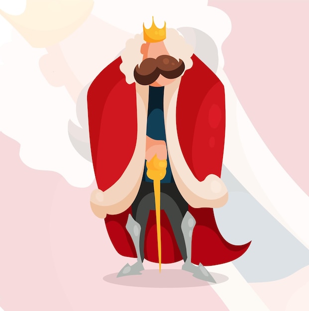 Un rey de dibujos animados con un abrigo de piel rojo con un bastón dorado, una corona en la cabeza y un gran bigote en la s