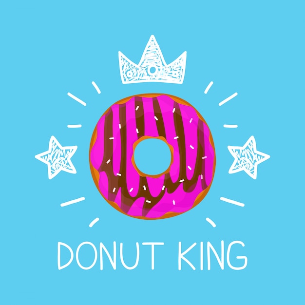 Rey donut concepto de dibujos animados plana y doodle ilustración. icono de corona y estrellas