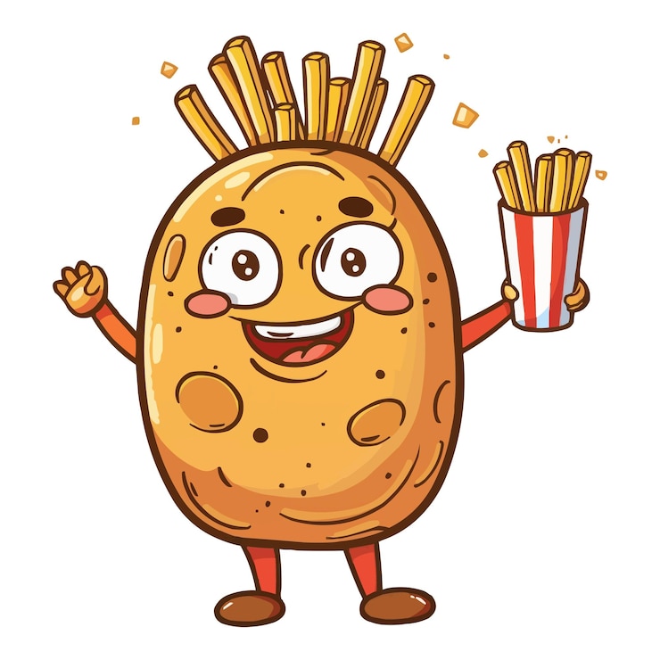Vector el rey feliz de dibujos animados el personaje de la patata de dibuyos animados sosteniendo una taza de papas fritas