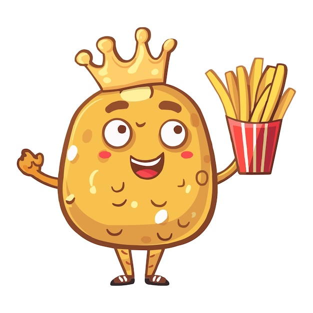 El rey feliz de dibujos animados El personaje de la patata de dibuyos animados sosteniendo una taza de papas fritas