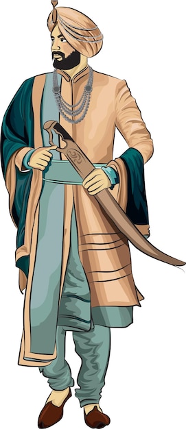 Rey indio en traje tradicional con ilustración de espada
