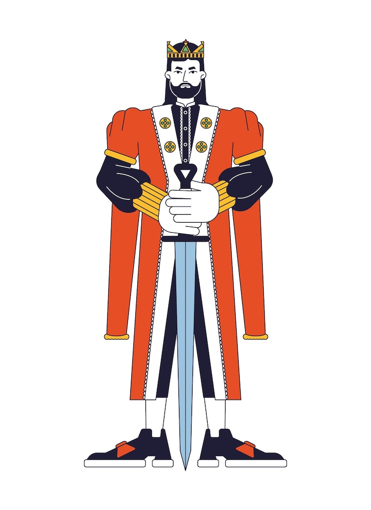 Vector rey joven con espada línea plana personaje vectorial de color monarca en corona dorada hombre poderoso contorno editable persona de cuerpo completo en blanco ilustración de lugar de dibujos animados simple para diseño gráfico web