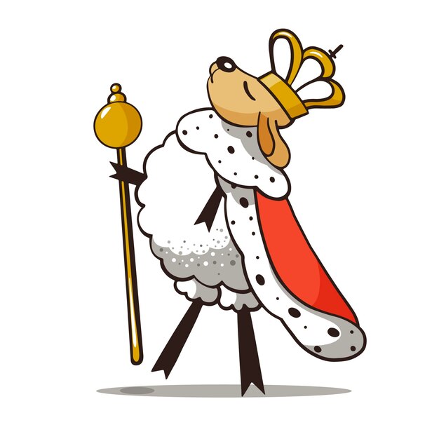 Rey de las ovejas, personaje animal de dibujos animados con corona. Ilustración linda del vector en el fondo blanco.