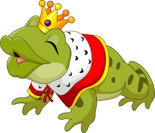 Rey de la rana divertida de dibujos animados aislado sobre fondo blanco