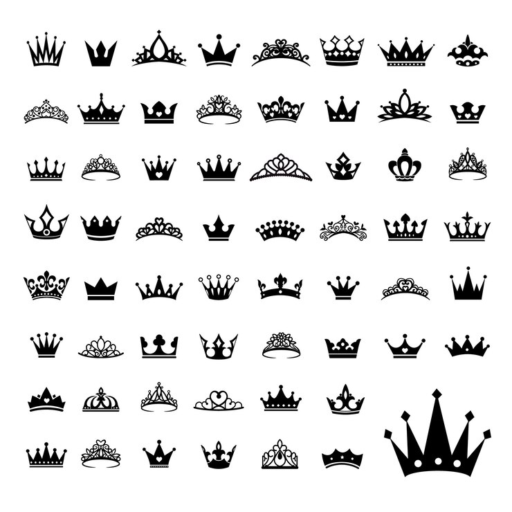 El rey real, la reina de la corona, la princesa, la tiara, la diadema, las coronas del príncipe, la silueta del logotipo, el conjunto de ilustraciones vectoriales.