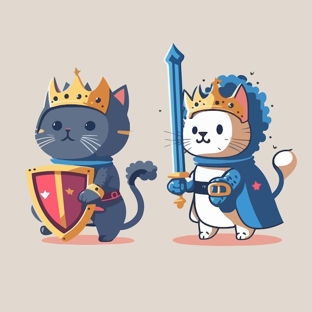 Vector el rey y la reina de los gatos visten uniformes de caballero como héroes con diseño de dibujos animados planos