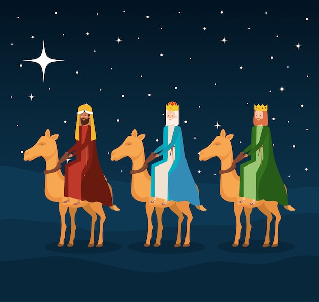 Vector reyes sabios en camellos pesebre personajes