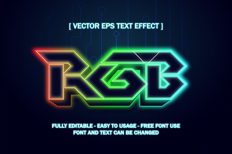 Vector rgb rojo verde azul neón resplandor luz texto estilo tecnología editable texto efecto premium vector