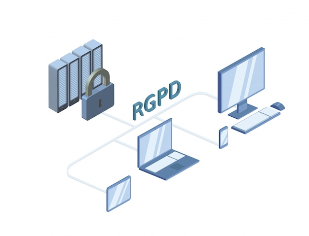 RGPD, versión en español e italiano de GDPR, Regolamento generale sulla protezione dei dati. Ilustración isométrica del concepto, aislado en blanco. Reglamento general de protección de datos.