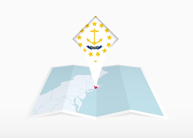 Rhode Island está representado en un mapa de papel plegado y marcador de ubicación fijado con la bandera de Rhode Island