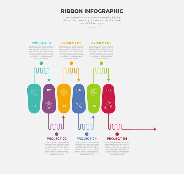 ribbon base shape infographic outline style with 6 point template with capsule box up and down with jagged wave line arrow pointer for slide presentation