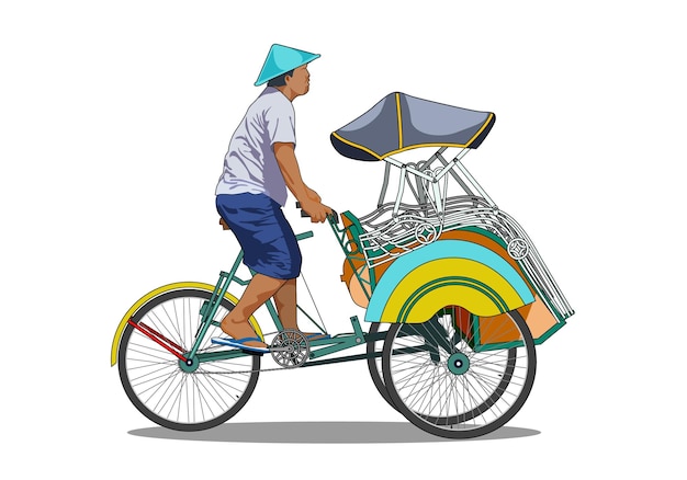 Rickshaw becak yogyakarta Un hombre montando un rickshaw aislado en un fondo blanco