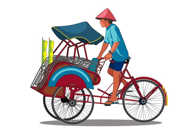 Rickshaw becak yogyakarta Un hombre montando un rickshaw en bicicleta aislado sobre un fondo blanco