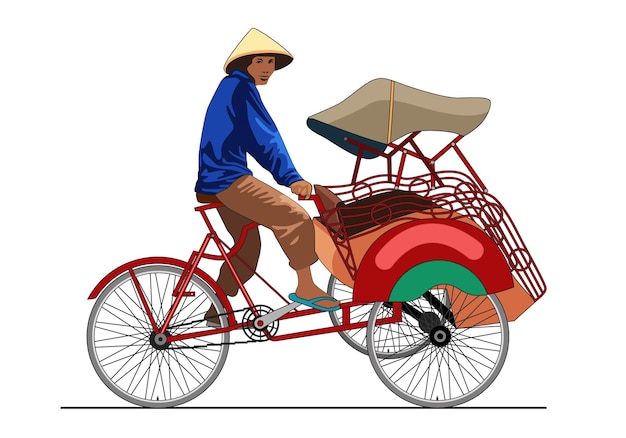 Rickshaw becak Yogyakarta Un hombre con un vestido azul montando un rickshaw aislado sobre un fondo blanco