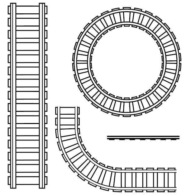 Rieles de ferrocarril curvos coloración de contorno negro de ilustración aislada vectorial