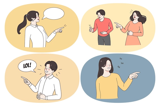 Riéndose del concepto de cosas graciosas. Conjunto de jóvenes positivos sonriendo señalando con los dedos riéndose con la boca abierta burlándose de la niña en la ilustración del vector escolar