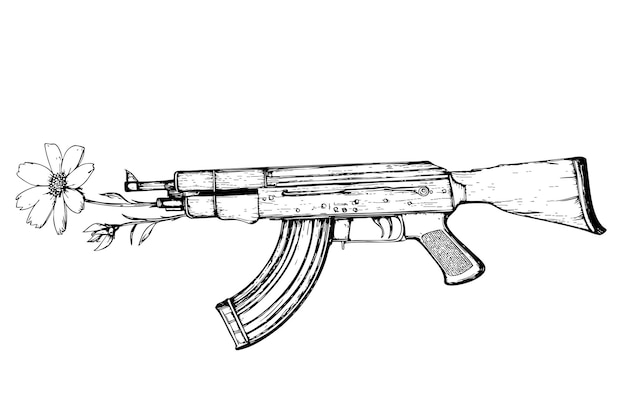 Rifle AK47 con una textura de madera y una flor que simboliza la paz
