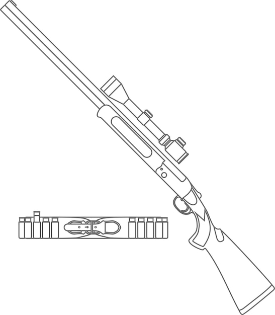 Rifle con mira óptica y cinturón de bandolera de caza con cartuchos Icono de contorno aislado