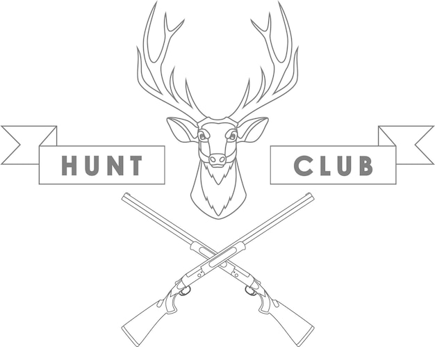 Rifles de caza cruzados con cabeza de venado y estandarte del club de caza Contorno aislado en vector de estilo plano