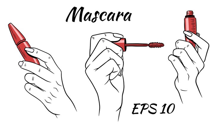 Vector rímel en las manos. cosméticos para mujeres. estilo de dibujos animados.