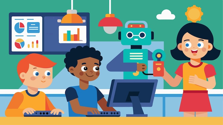 Vector un rincón de la sala está dedicado a actividades manuales con estudiantes que utilizan robots programables para