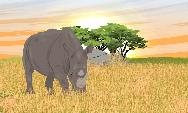 Un rinoceronte blanco adulto está de pie en la alta hierba seca de la sabana africana