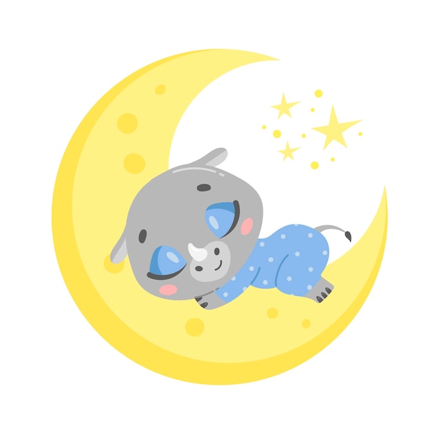 rinoceronte de dibujos animados lindo durmiendo en la luna.