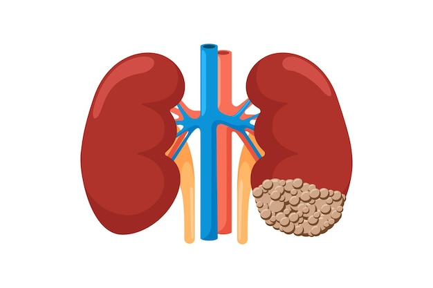 Riñón sano y enfermo con cáncer. órgano de neoplasia de tumor malsano interno del sistema genitourinario de la anatomía humana y comparación fuerte. ilustración de vector de oncología